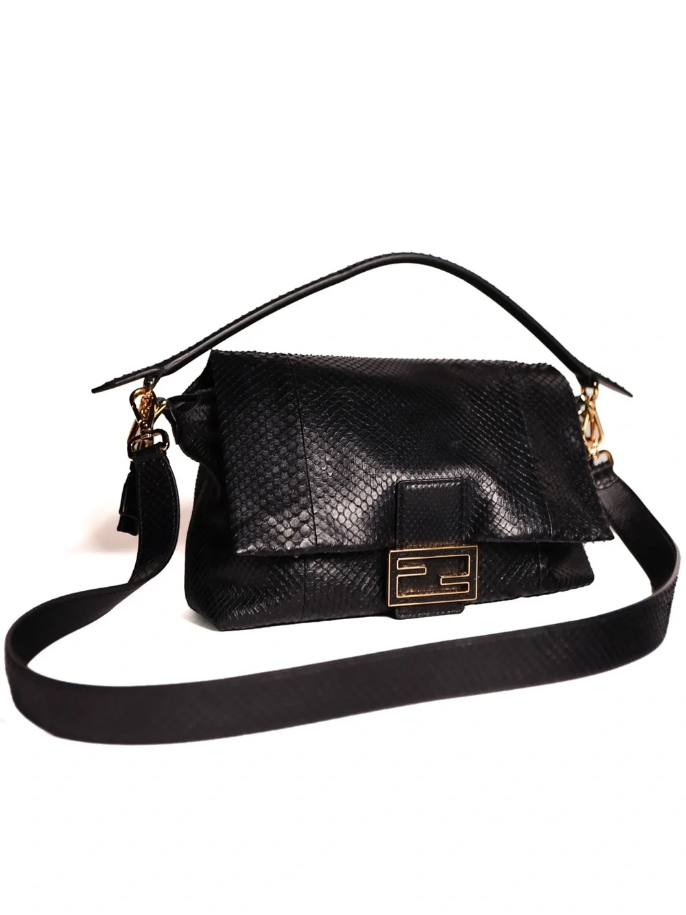 Fendi MAMMA BAGUETTE MEDIUM  Black python leather bag
